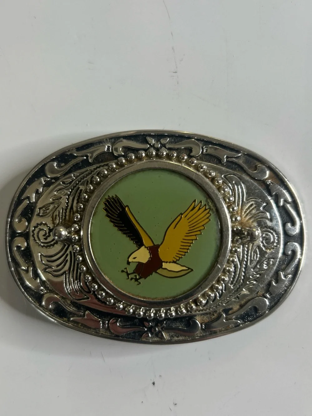 Vintage Silver Eagle Belt Buckle Black Green Oval Made in USA Enamel 3.5” X 2.5”